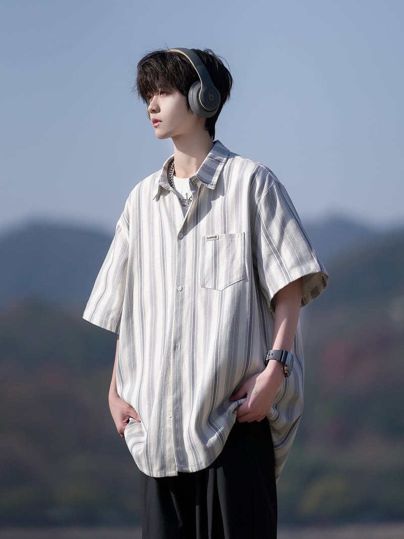 Striped Short Sleeve Shirt Men Casual Cotton Top Summer Loose Fit - Image 5