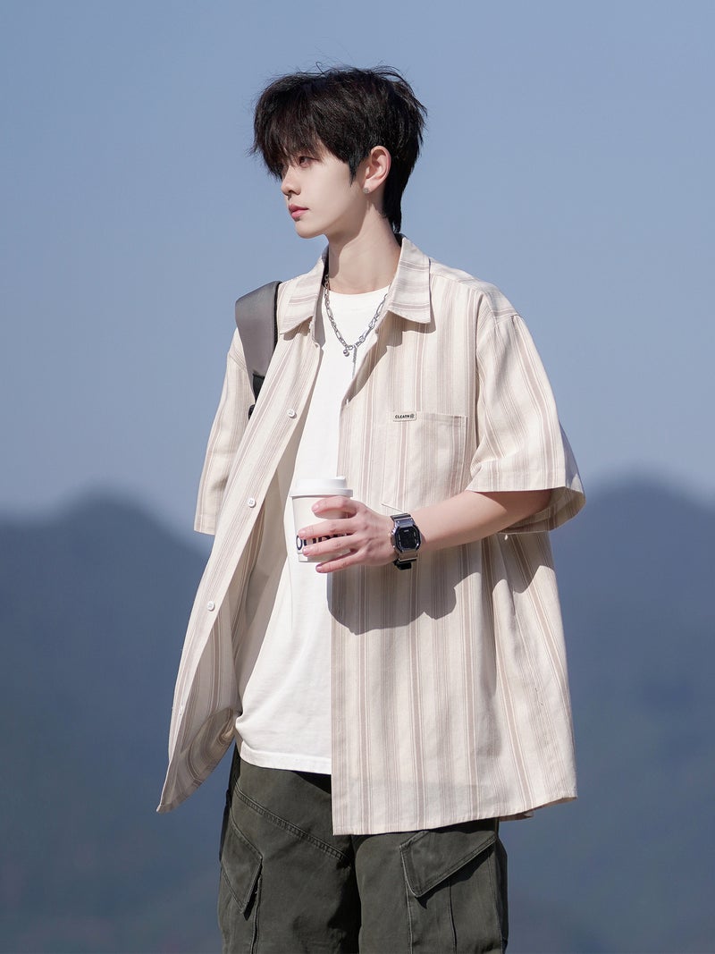 Striped Short Sleeve Shirt Men Casual Cotton Top Summer Loose Fit - Image 1