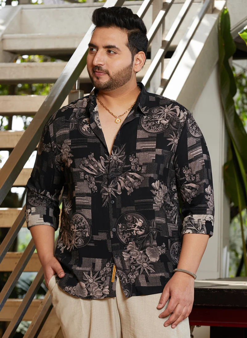 انستافاب بلس قميص رجالي مطبوع باللون الأسود منتصف الليل مقاس بلس لارتداء كاجوال بياقة ممتدة وأكمام طويلة بأزرار