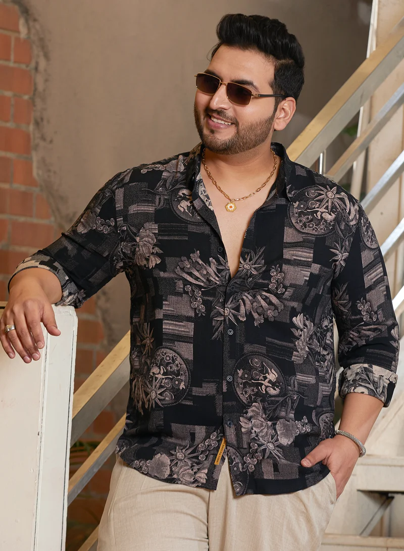 انستافاب بلس قميص رجالي مطبوع باللون الأسود منتصف الليل مقاس بلس لارتداء كاجوال بياقة ممتدة وأكمام طويلة بأزرار