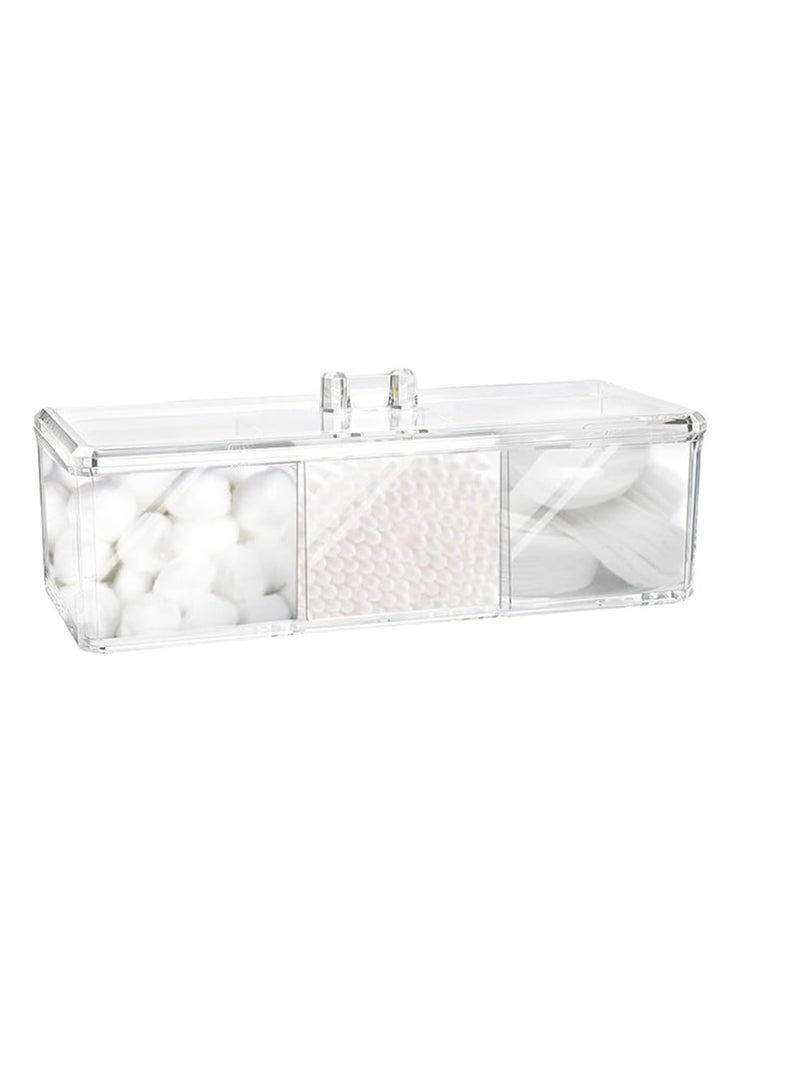 Generic Dispenser, 3 Compartments Cotton Ball Holder, Bathroom Canisters for Swab, Ball, Pad Organizer, Clear Acrylic Containers with Lid Vanity Countertop Rectangle and Swab Organizer  - Image 1