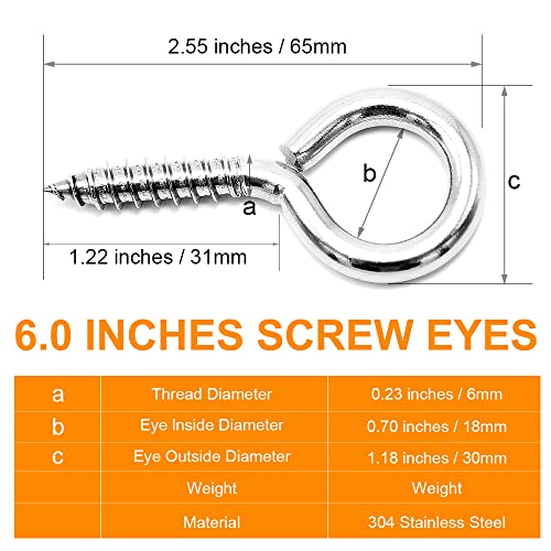 ACCZIO 16 Pack 304 Stainless Steel Eye Screws,2.5 Inch M6 Heavy Duty Eye Hooks Screw, Eye Bolts Screw in Eye Hooks for Wood, Eye Bolts for Secure Cable Wires, Indoor & Outdoor Use - Image 4