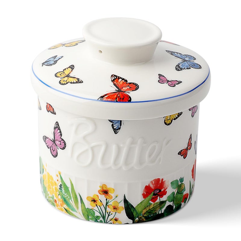 Toptier Butter Crock for Counter With Water Line On Demand Spreadable Butter Ceramic Butter Keeper to Leave On Counter French Butter Dish with Lid Butterfly