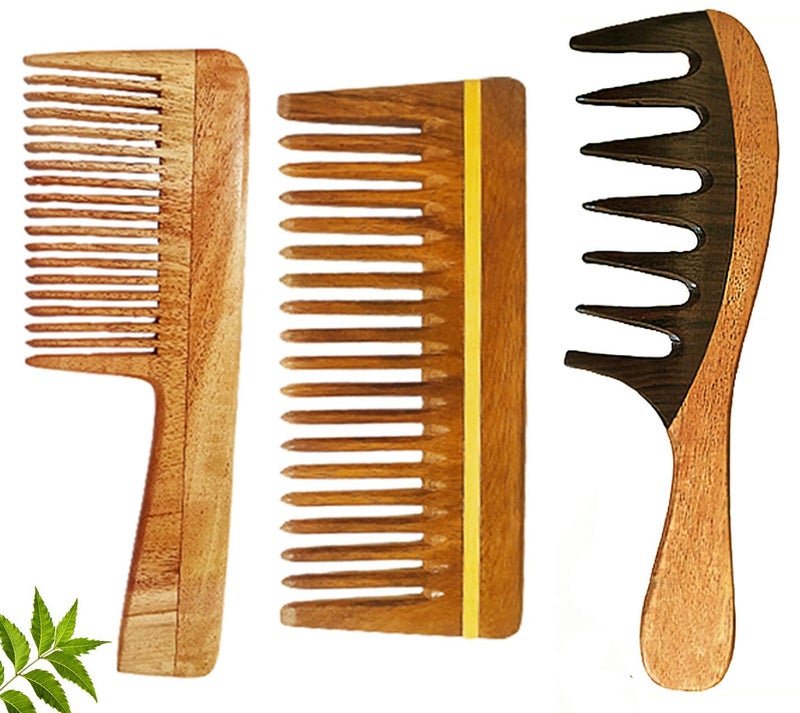 Rufiys Wooden Curly Hair Wide Tooth Comb Neem Wood Curly Hair Comb for Women Men Hair Growth Anti Dandruff Detangler Comb NEEMCOMBO PACK OF 3 - Image 1