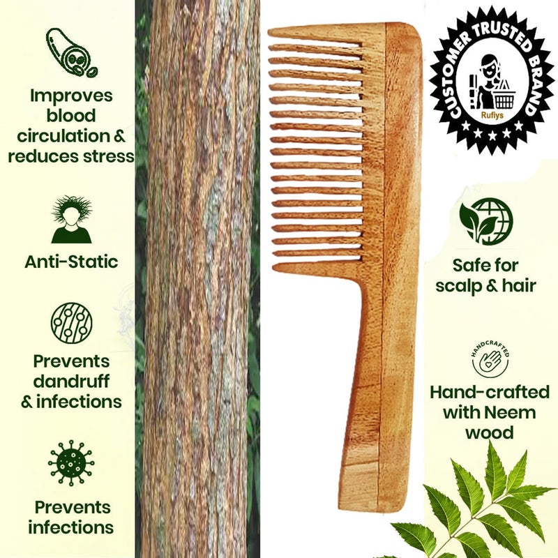 Rufiys Wooden Curly Hair Wide Tooth Comb Neem Wood Curly Hair Comb for Women Men Hair Growth Anti Dandruff Detangler Comb NEEMCOMBO PACK OF 3 - Image 4