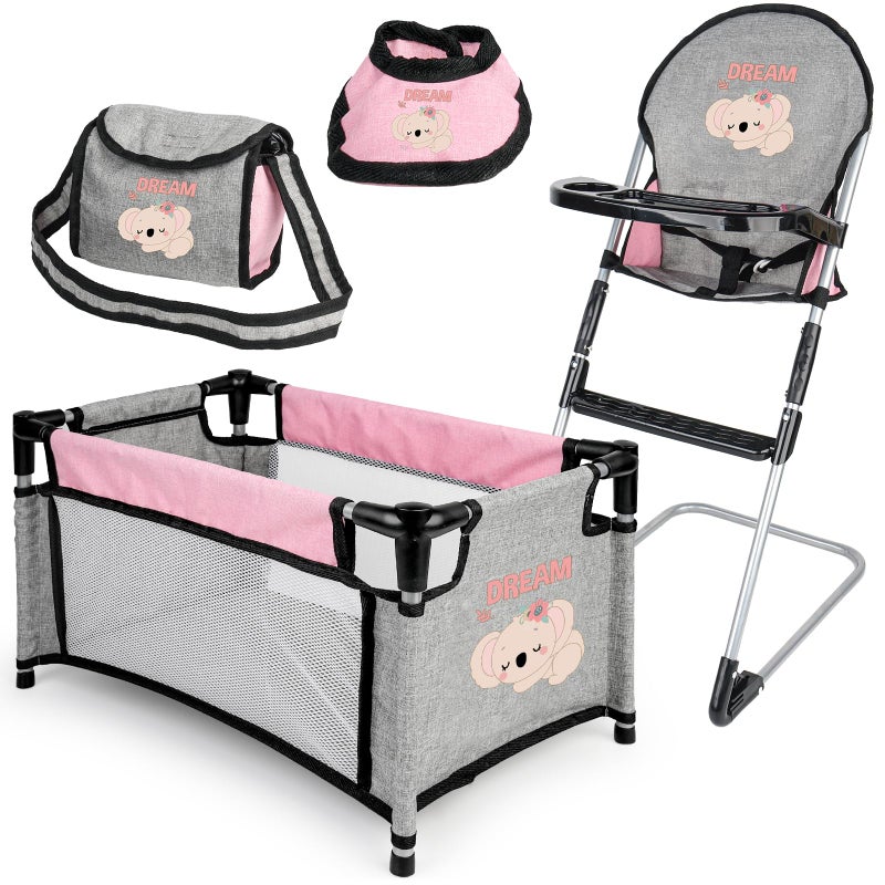 deAO Baby Doll Accessories Baby Doll Crib High Chair Diaper Bag Nursery Playset Baby Doll Furniture Set Pretend Play Role Play Set Christmas Birthday Gifts for Kids Girls Boys - Image 3