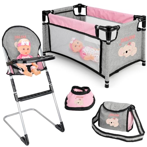 deAO Baby Doll Accessories Baby Doll Crib High Chair Diaper Bag Nursery Playset Baby Doll Furniture Set Pretend Play Role Play Set Christmas Birthday Gifts for Kids Girls Boys - Image 5