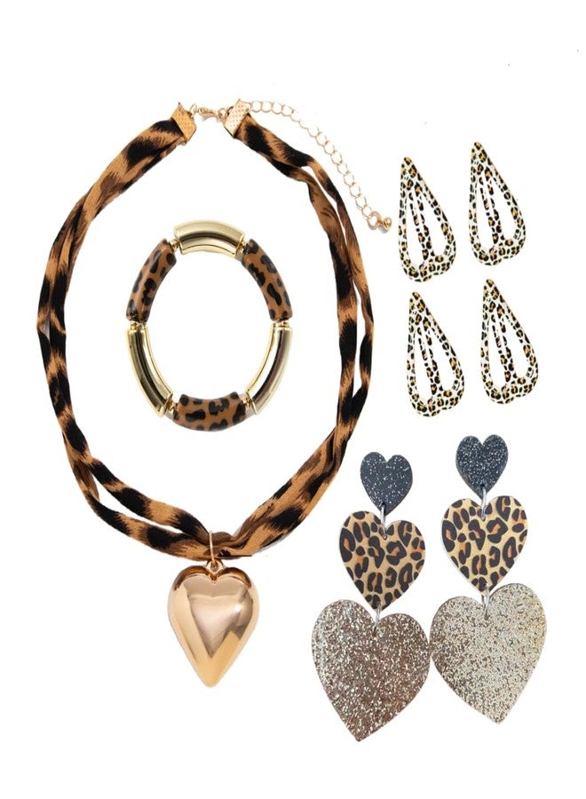Blue Drop 8 Pcs Leopard Jewelry Set Heart Leopard Print Earrings Necklace Hair Clip Chunky Bangle Bracelet Bohemian Valentine's Jewelry for Women - Image 1