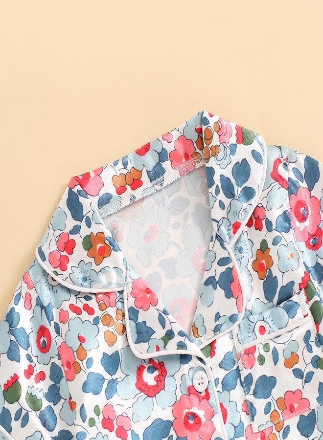 fyclemt Toddler Baby Girl Silk Pajamas Set Daisy Floral Short Sleeve Button Down Shirts Shorts Summer 2Pcs Satin Sleepwear Cute Pjs (Blue Flower, 18-24 Months) - Image 2