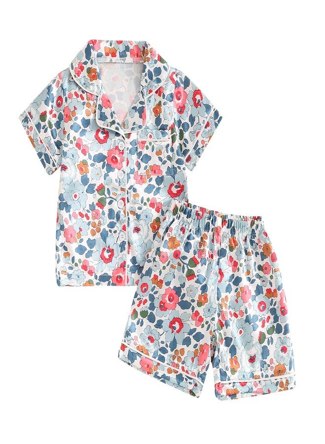 fyclemt Toddler Baby Girl Silk Pajamas Set Daisy Floral Short Sleeve Button Down Shirts Shorts Summer 2Pcs Satin Sleepwear Cute Pjs (Blue Flower, 18-24 Months) - Image 1