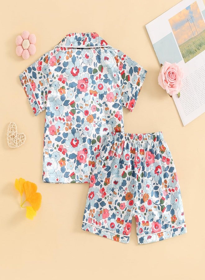 fyclemt Toddler Baby Girl Silk Pajamas Set Daisy Floral Short Sleeve Button Down Shirts Shorts Summer 2Pcs Satin Sleepwear Cute Pjs (Blue Flower, 18-24 Months) - Image 3