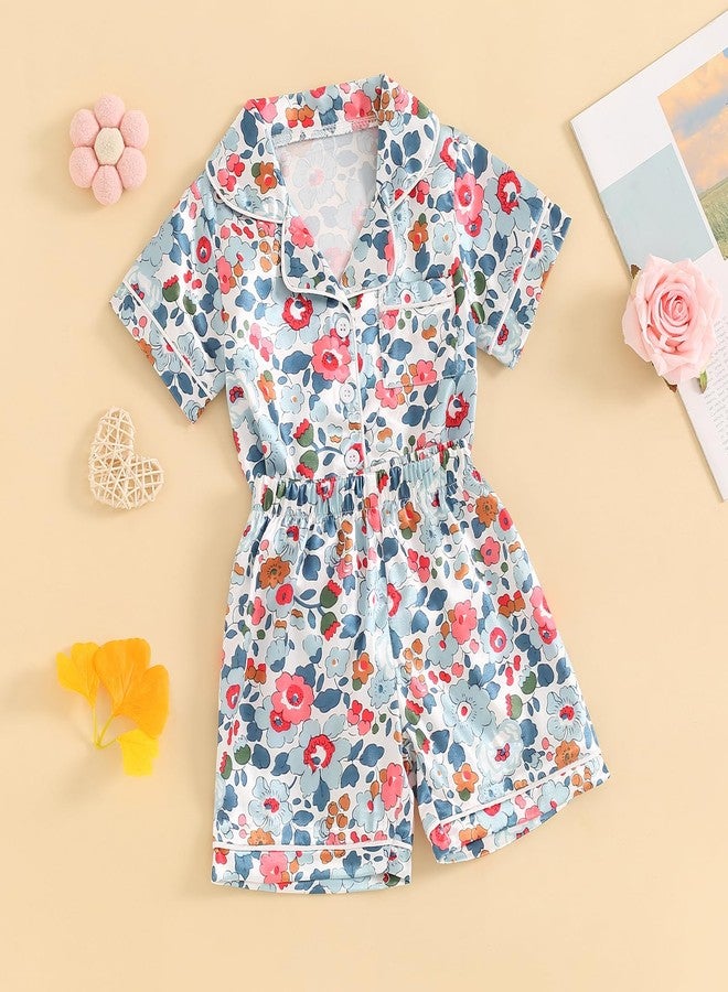 fyclemt Toddler Baby Girl Silk Pajamas Set Daisy Floral Short Sleeve Button Down Shirts Shorts Summer 2Pcs Satin Sleepwear Cute Pjs (Blue Flower, 18-24 Months) - Image 4