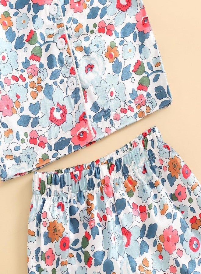 fyclemt Toddler Baby Girl Silk Pajamas Set Daisy Floral Short Sleeve Button Down Shirts Shorts Summer 2Pcs Satin Sleepwear Cute Pjs (Blue Flower, 18-24 Months) - Image 5