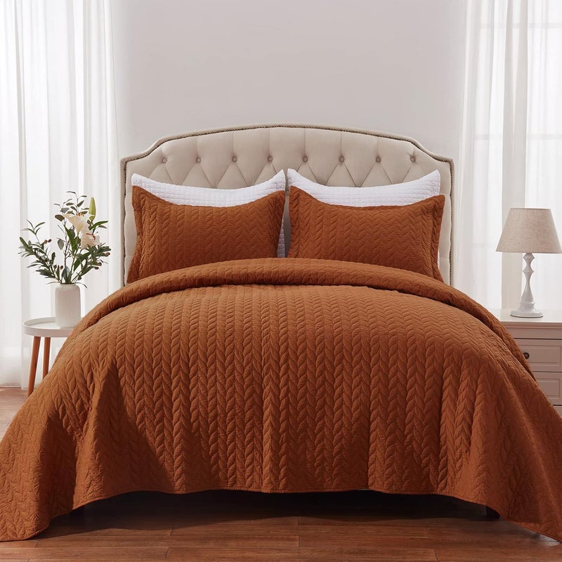 SunStyle Home Sunstyle Home Quilt Set King Brunt Orange Lightweight Bedspread Soft Softible Coverlet لجميع مجموعات الفراش المبطنة من أوراق 3pcs (1 لحاف 2 وسادة) (106 "X96")  - Image 1