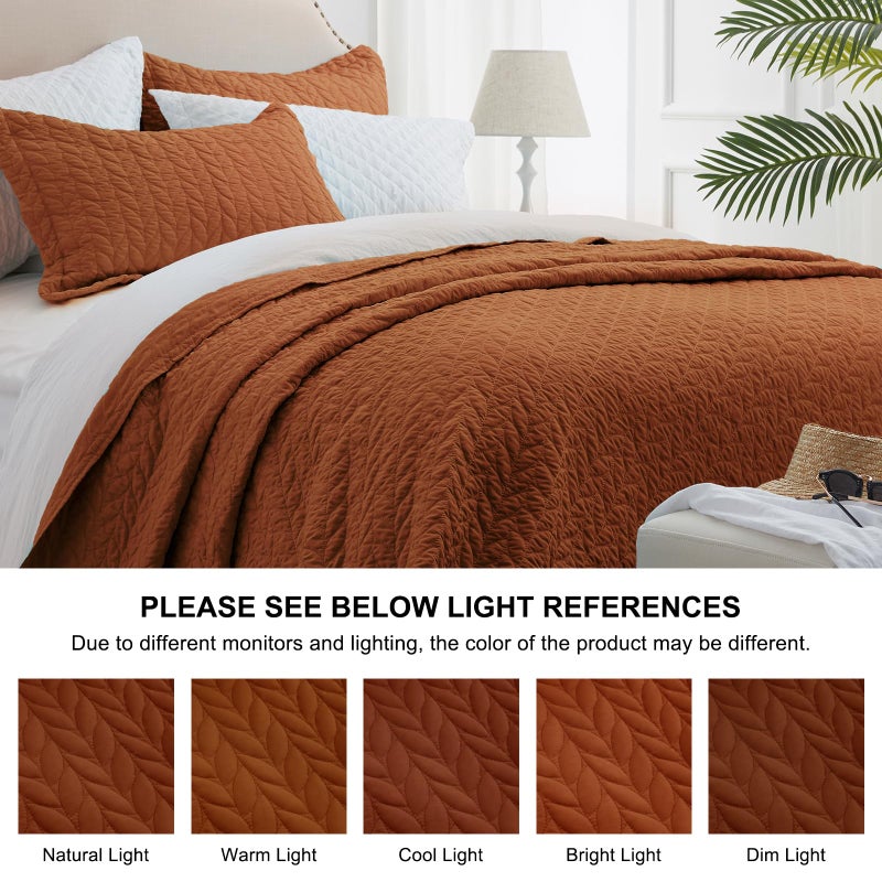 SunStyle Home Sunstyle Home Quilt Set King Brunt Orange Lightweight Bedspread Soft Softible Coverlet لجميع مجموعات الفراش المبطنة من أوراق 3pcs (1 لحاف 2 وسادة) (106 "X96")  - Image 5