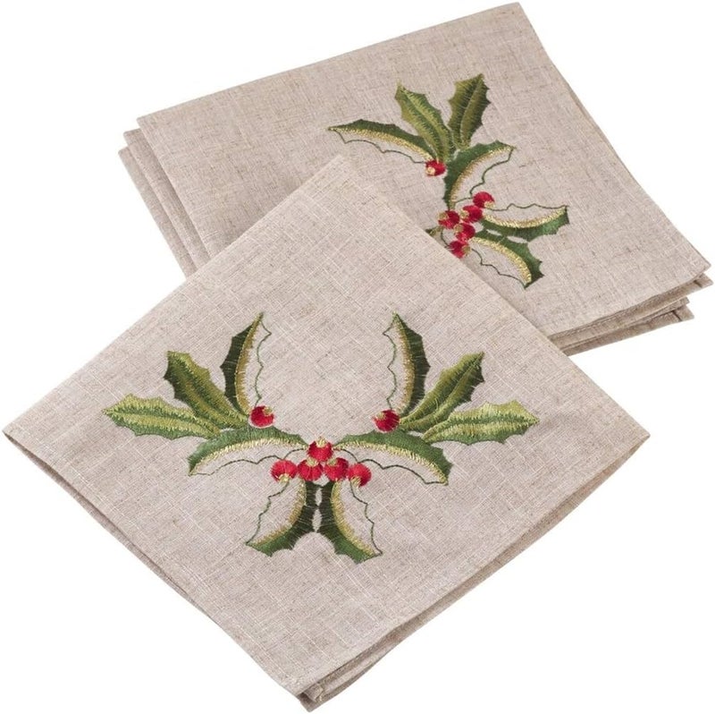 Fennco Styles Embroidered Holly Design Christmas Linen Blend Cloth Napkins 20 x 20 Inch Set of 4  Natural Dinner Napkin for Home Dcor Banquets Holiday Gathering and Special Events - Image 1