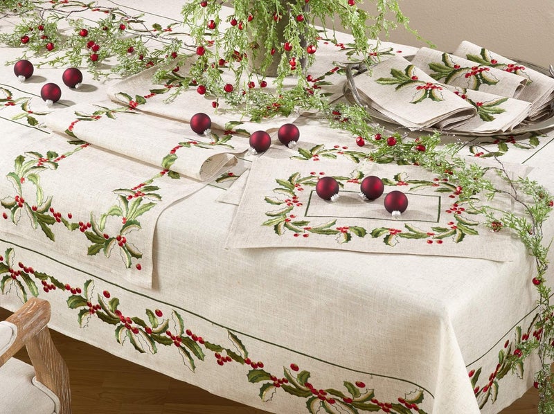 Fennco Styles Embroidered Holly Design Christmas Linen Blend Cloth Napkins 20 x 20 Inch Set of 4  Natural Dinner Napkin for Home Dcor Banquets Holiday Gathering and Special Events - Image 2