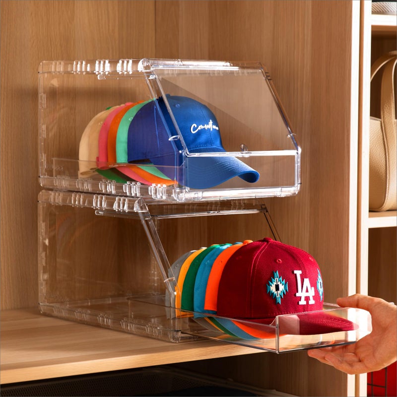 Ozueccr 2 Pack Hat Organizer for Baseball Caps â€“ Stackable Clear Display Box with Sliding Drawer, Holds 15 Baseball Caps, Closet and Shelf Organizer for Hats, Transparent Display with Anti-Slip Feet - Image 1