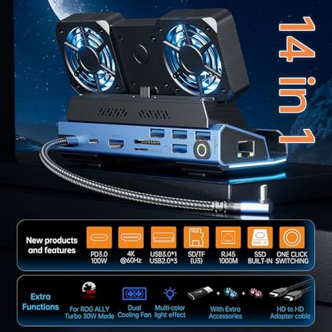 rayihni DOCKING STAION FOR STEAM DECK/ROG ALLY/LEGION GO,14 IN 1 DOUBLE FAN STEAM DECK DOCK M.2 NVME EXPANSION SLOT. 1000MBPS ETHERNET,3.0 PD100W CHARGING, HD 2.0 4K@60HZ. 4 USB PORT. SLOT STEAM DECK DOCK. - Image 3