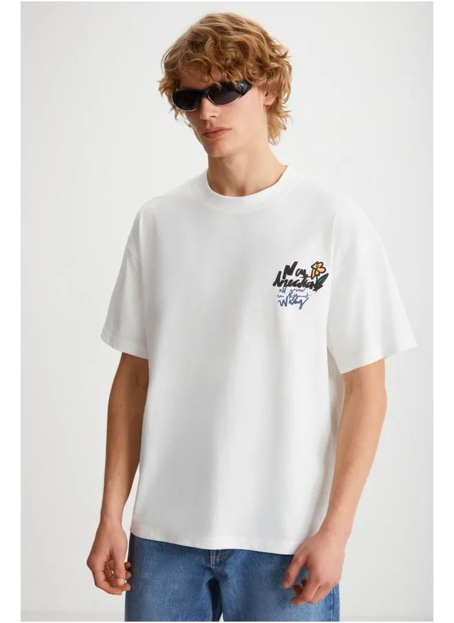جريميلانج Grimelange Kailen Men's Cotton Short Sleeve Printed Ecru T-Shirt