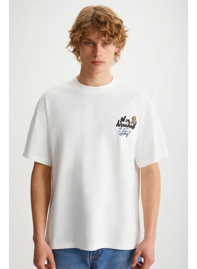 GRIMELANGE Grimelange Kailen Men's Cotton Short Sleeve Printed Ecru T-Shirt