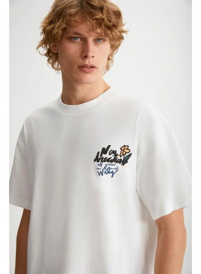GRIMELANGE Grimelange Kailen Men's Cotton Short Sleeve Printed Ecru T-Shirt