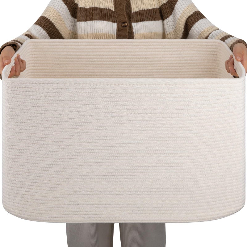 OIAHOMY XXLarge Rectangle Blanket Basket-96L, Cotton Woven Basket for Storage, Dirty Clothes Basket for Living Room, Nursery, Bedroom, Toy Organizing with Handle, 24" x 16" x 15", White - Image 1