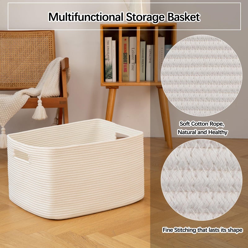 OIAHOMY XXLarge Rectangle Blanket Basket-96L, Cotton Woven Basket for Storage, Dirty Clothes Basket for Living Room, Nursery, Bedroom, Toy Organizing with Handle, 24" x 16" x 15", White - Image 5