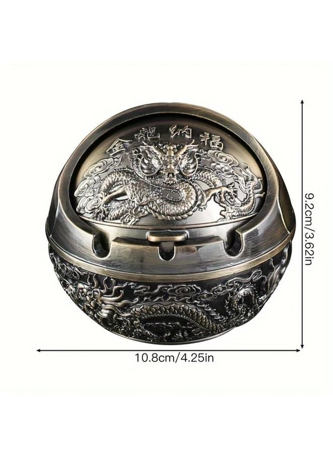 Blue Ancient Dragon Phoenix Vintage Metal Ashtray with Lid Windproof European Style Home Decor - Image 1