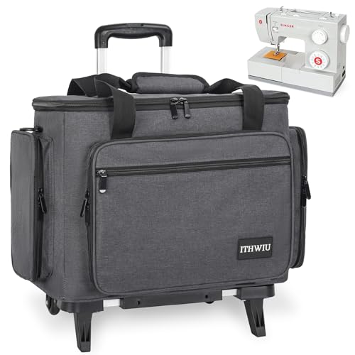 ITHWIU Sewing Machine Case with Wheels, Universal Rolling Trolley Tote with Shoulder Strap & Multiple Storage Pockets Compatible with Most Standard Singer, Brother, Janome, Grey - Image 2