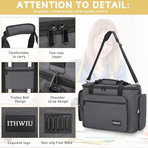ITHWIU Sewing Machine Case with Wheels, Universal Rolling Trolley Tote with Shoulder Strap & Multiple Storage Pockets Compatible with Most Standard Singer, Brother, Janome, Grey - Image 3