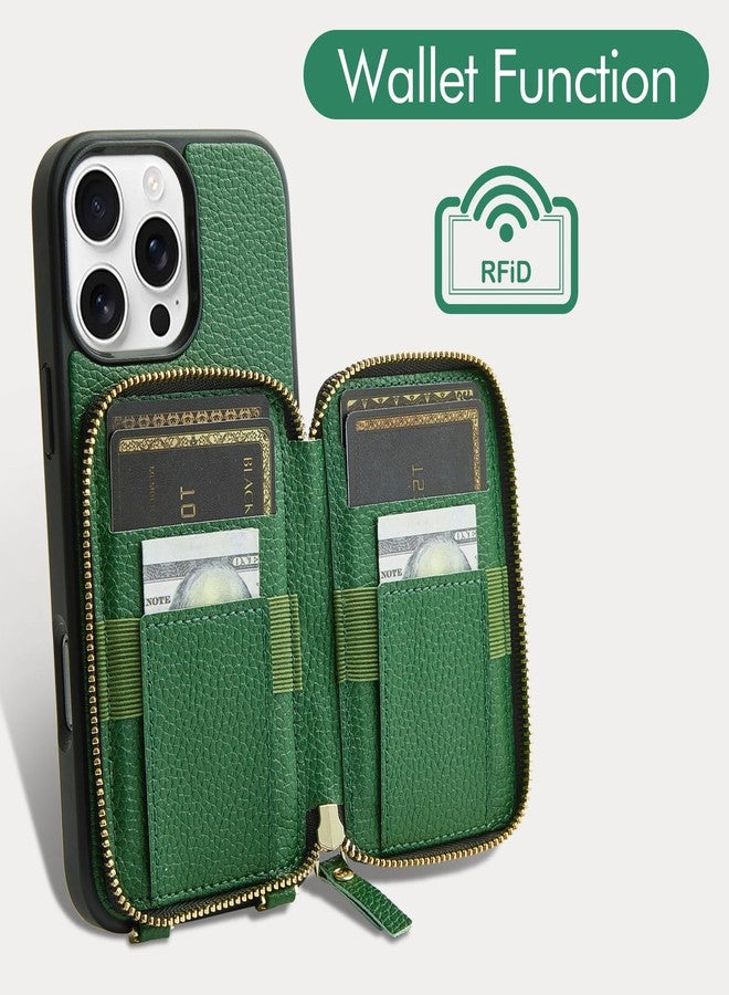ZVE for iPhone 16 Pro Max Wallet Case, Zipper Crossbody Case with Card Holder Wrist Strap Phone Purse Cover for Women for iPhone 16 Pro Max 6.9" Dark Green - Image 2