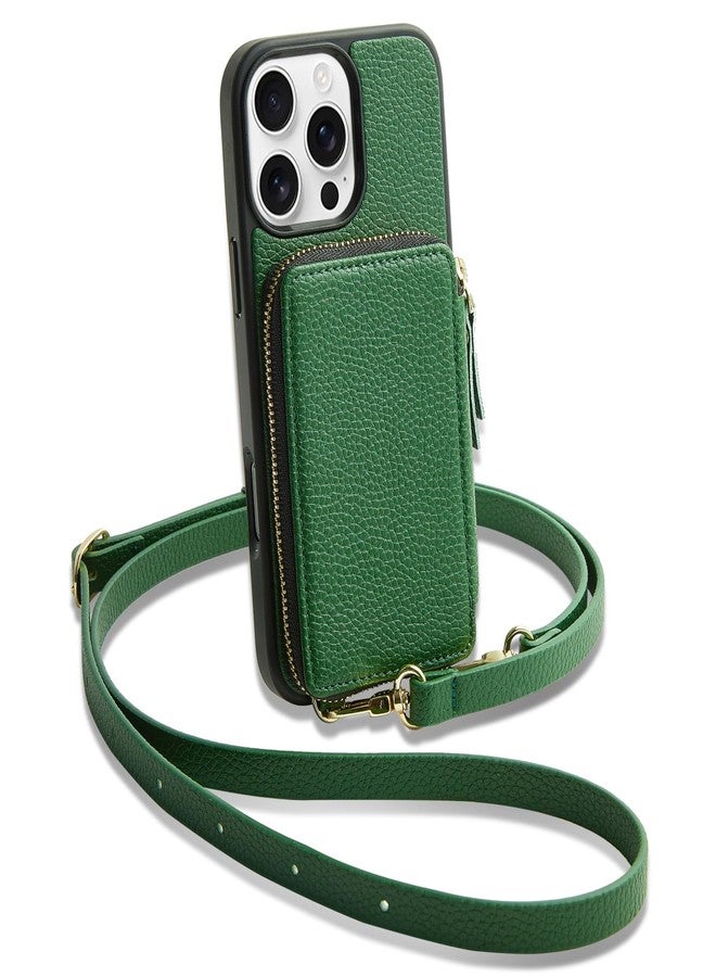 ZVE for iPhone 16 Pro Max Wallet Case, Zipper Crossbody Case with Card Holder Wrist Strap Phone Purse Cover for Women for iPhone 16 Pro Max 6.9" Dark Green - Image 1