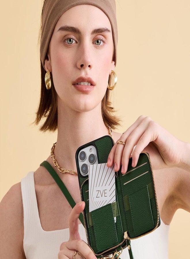 ZVE for iPhone 16 Pro Max Wallet Case, Zipper Crossbody Case with Card Holder Wrist Strap Phone Purse Cover for Women for iPhone 16 Pro Max 6.9" Dark Green - Image 4