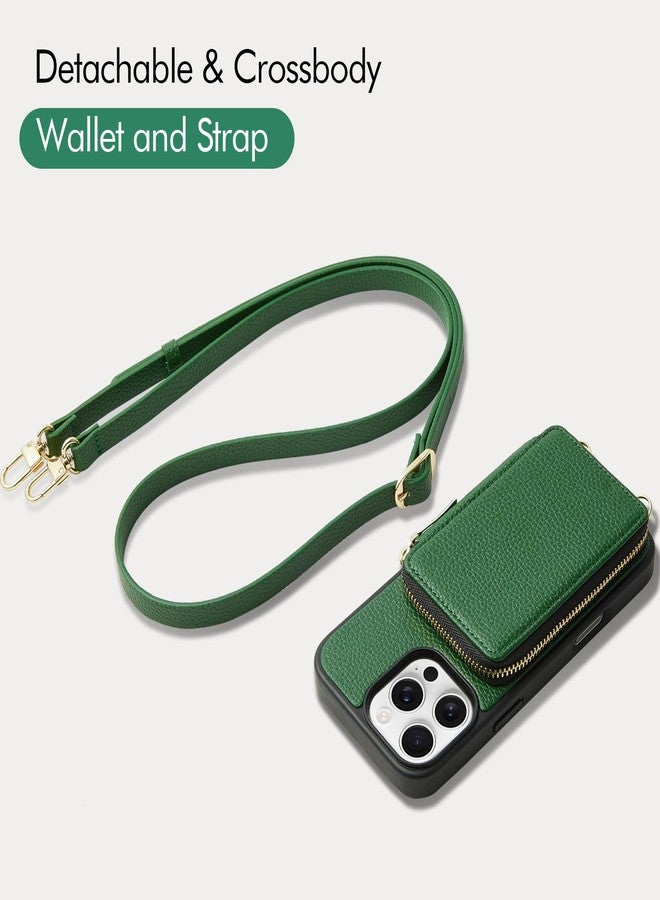 ZVE for iPhone 16 Pro Max Wallet Case, Zipper Crossbody Case with Card Holder Wrist Strap Phone Purse Cover for Women for iPhone 16 Pro Max 6.9" Dark Green - Image 5