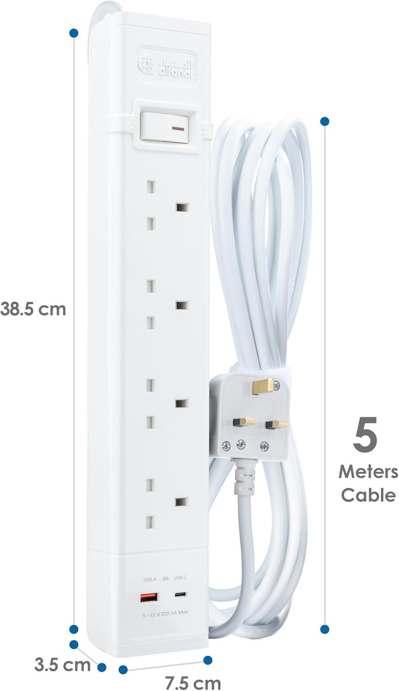 الفنار alfanar ملحق طاقة 4 مقابس، 2 منفذ USB للشحن السريع (النوع "A" 18 واط والنوع "C" 20 واط)، كابلات بطول 5 أمتار، 13 أمبير مع زر حماية من التحميل الزائد - Image 4