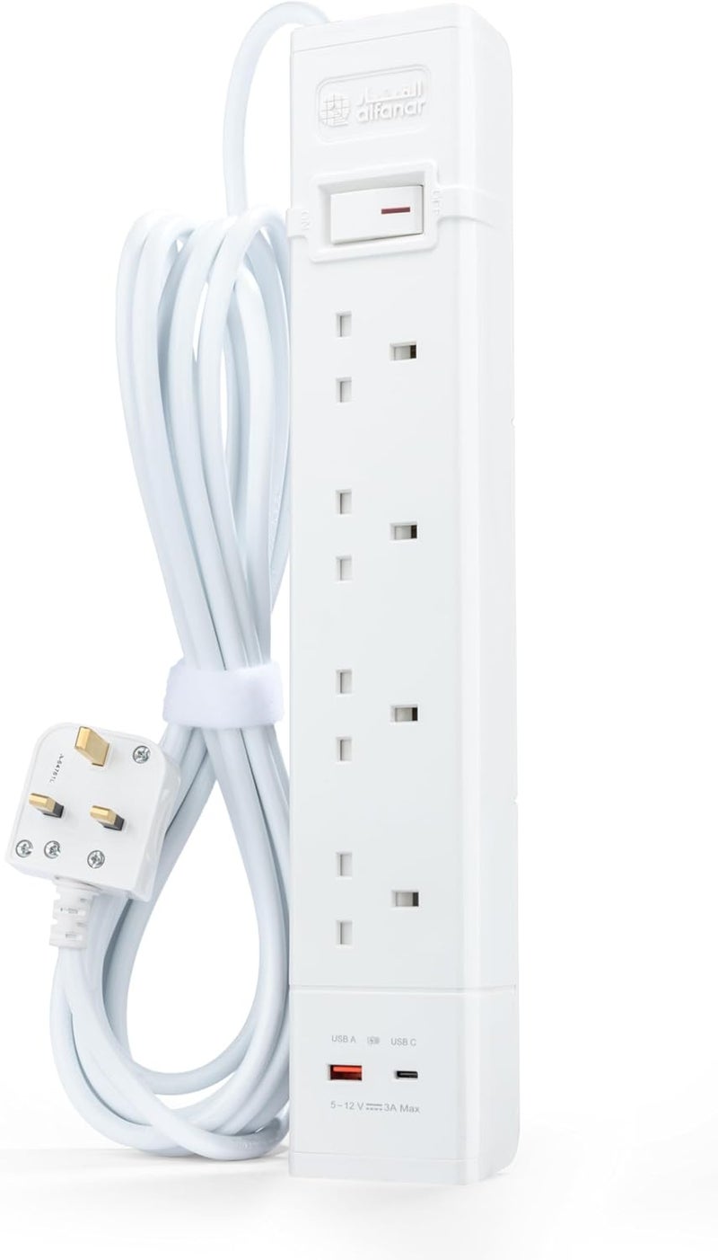 الفنار alfanar ملحق طاقة 4 مقابس، 2 منفذ USB للشحن السريع (النوع "A" 18 واط والنوع "C" 20 واط)، كابلات بطول 5 أمتار، 13 أمبير مع زر حماية من التحميل الزائد - Image 1