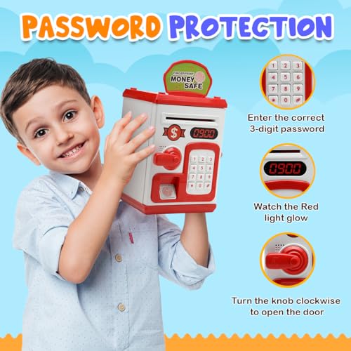 Gooyo GY-3011 Toy Money Bank with Fingerprint Sensor & Password Protection Feature | Money Safe Toy with Sound Effects | Money Saving Toy for Kids | Red, Power Source : 3xAA Batteries (Not Included) - Image 4