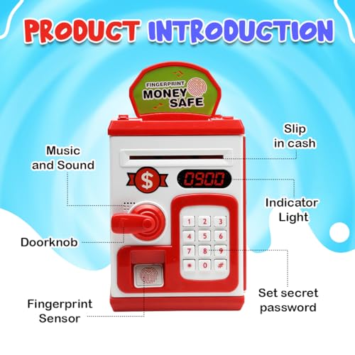 Gooyo GY-3011 Toy Money Bank with Fingerprint Sensor & Password Protection Feature | Money Safe Toy with Sound Effects | Money Saving Toy for Kids | Red, Power Source : 3xAA Batteries (Not Included) - Image 2