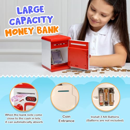 Gooyo GY-3011 Toy Money Bank with Fingerprint Sensor & Password Protection Feature | Money Safe Toy with Sound Effects | Money Saving Toy for Kids | Red, Power Source : 3xAA Batteries (Not Included) - Image 5