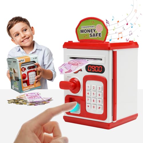 Gooyo GY-3011 Toy Money Bank with Fingerprint Sensor & Password Protection Feature | Money Safe Toy with Sound Effects | Money Saving Toy for Kids | Red, Power Source : 3xAA Batteries (Not Included) - Image 1