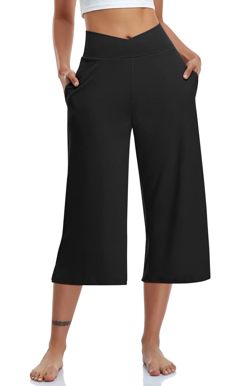 TARSE Womens Casual Wide Leg Yoga Capris Summer Crossover High Waist Capri Pants Loose Soft Pajama Pockets Sweatpants(Black,M) - Image 1