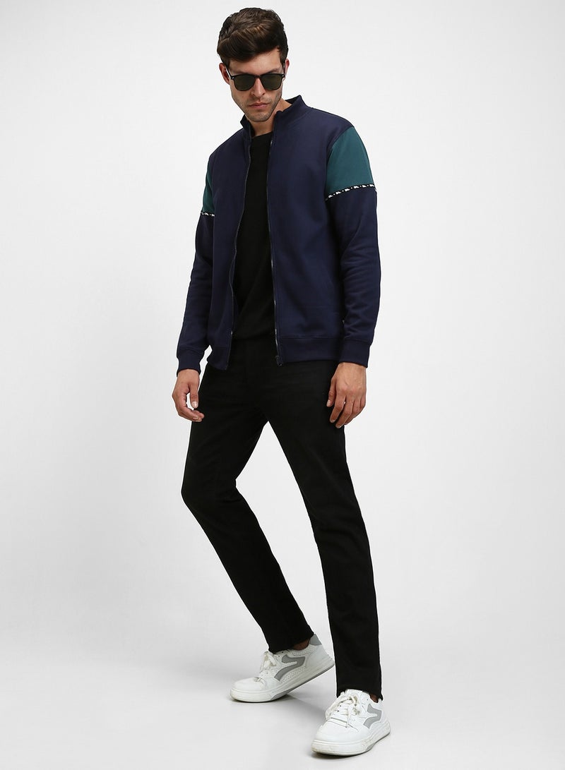 Dennis Lingo Regular Fit Navy Mock Neck Sweatshirt for Men - Polycotton, Colourblocked, Full Sleeves, Knitted Fabric  - Image 1
