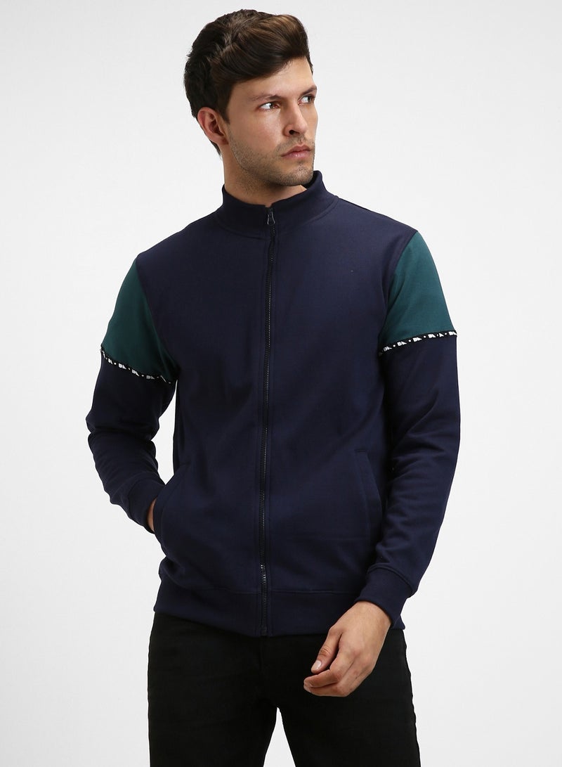 Dennis Lingo Regular Fit Navy Mock Neck Sweatshirt for Men - Polycotton, Colourblocked, Full Sleeves, Knitted Fabric  - Image 2