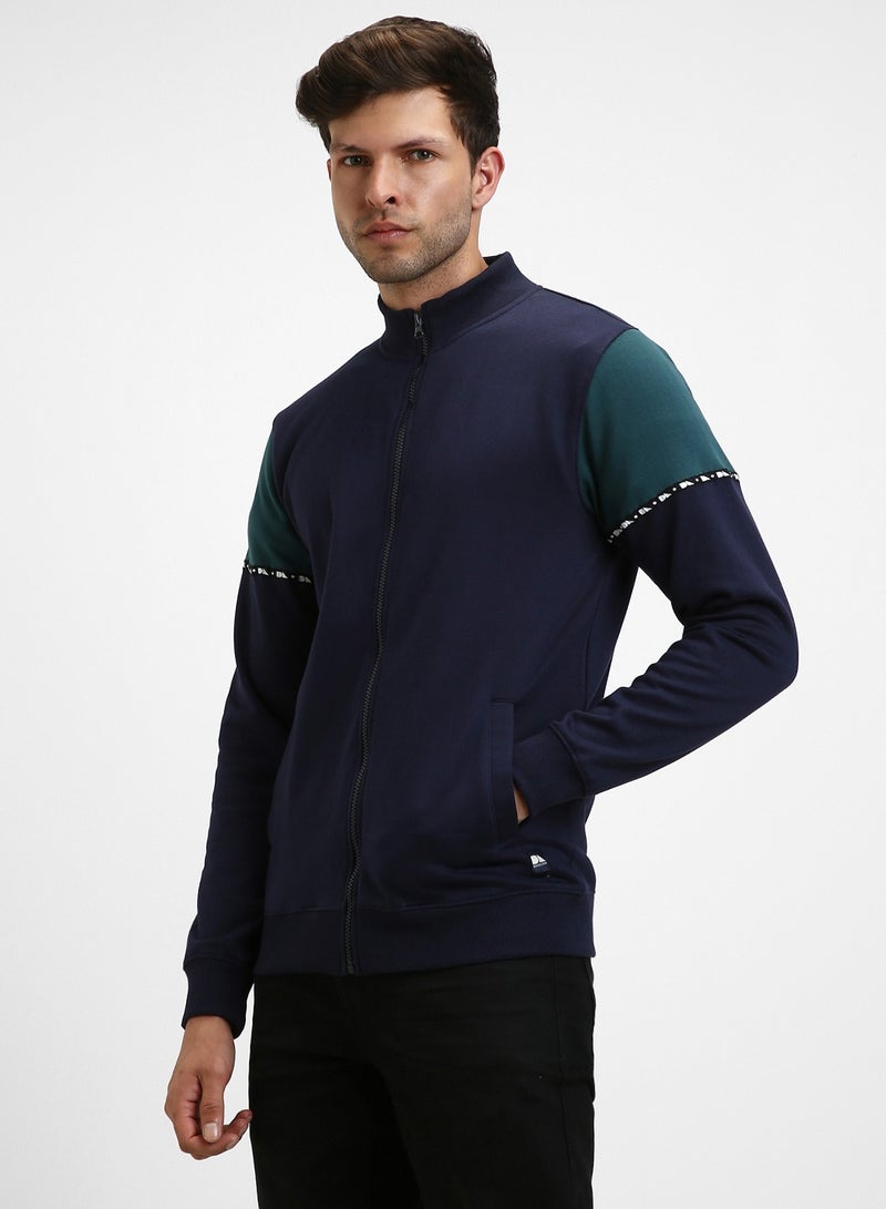Dennis Lingo Regular Fit Navy Mock Neck Sweatshirt for Men - Polycotton, Colourblocked, Full Sleeves, Knitted Fabric  - Image 3