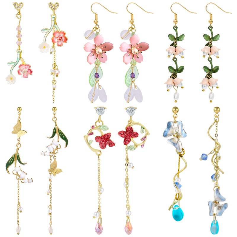 NEWITIN 6 Pairs Flower Earrings for Women Hypoallergenic Earring Butterfly Floral Tassel Earring Statement Long Flower Dangle Earrings for Women - Image 1