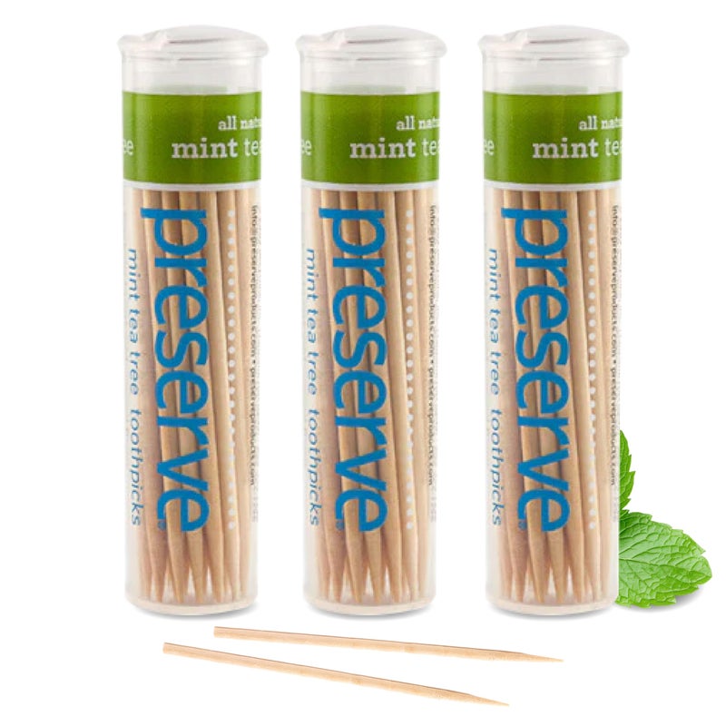 Preserve Toothpicks Refreshing Natural Mint Tea Tree Flavored Toothpicks for Fresh Breath Teeth & Gums - Sustainably Harvested Birch Wood - 3 Travel Cases (105 Picks) - Image 1