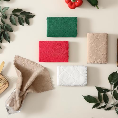 Homaxy 12 Pack Kitchen Dish Cloths Super Soft and Absorbent Coral Velvet Dish Towels Nonstick Oil Fast Drying Microfiber Cleaning Cloth 10 x 10 inches Dark GreenTanRedWhite - Image 3