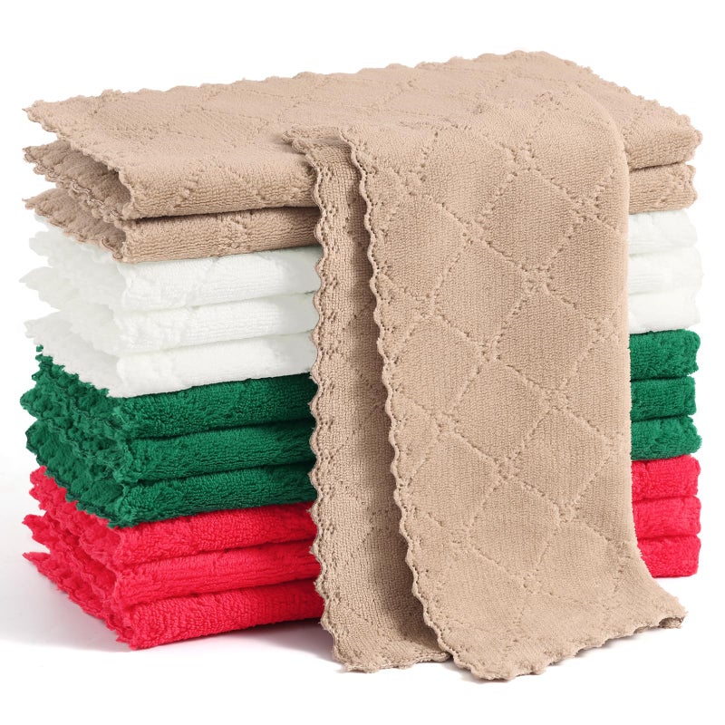 Homaxy 12 Pack Kitchen Dish Cloths Super Soft and Absorbent Coral Velvet Dish Towels Nonstick Oil Fast Drying Microfiber Cleaning Cloth 10 x 10 inches Dark GreenTanRedWhite - Image 2