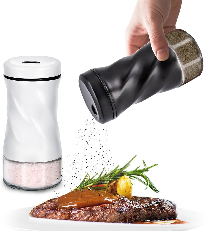Neodaco Farmhouse Salt and Pepper Shakers with Adjustable Pour Holes, Refillable Glass Salt Shaker with Stainless Steel Lids by , Ideal for Himalayan, Kosher, and Black Pepper (Black & White) - Image 1